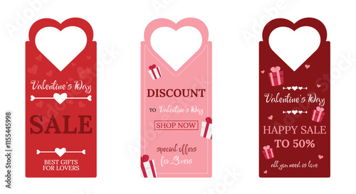 Vector Valentine's day sale label set. Love day discount, big sale, special, hot offer, half price tag and shop now. Romantic sale up to 50%, 40%, 25%, 70% off shopping tag. Sale banner template