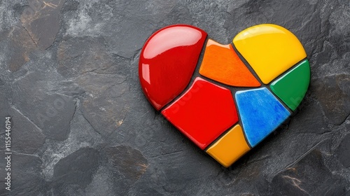 Multicolored Ceramic Heart Mosaic on Dark Stone Background