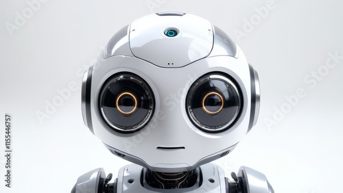 A robot with a white face and orange eyes