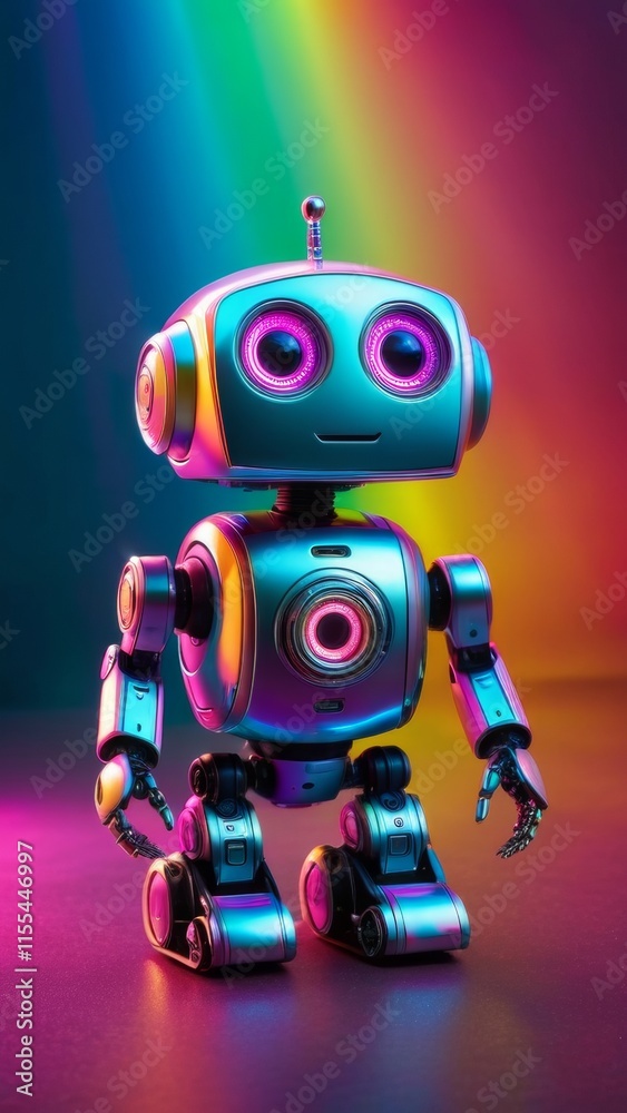 A robot with glowing eyes stands on a colorful background A robot with glowing eyes stands on a colorful background