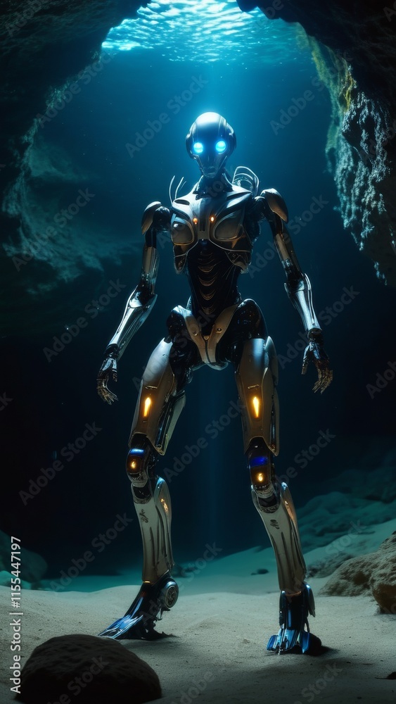 Fototapeta premium A robot is standing in a cave with water surrounding it