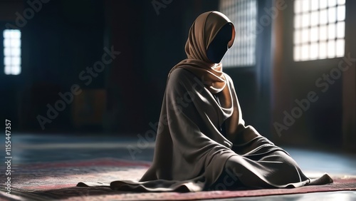 Mannequin in hijab. Muslim, Islam. A woman is sitting on a rug with a scarf wrapped around her head photo