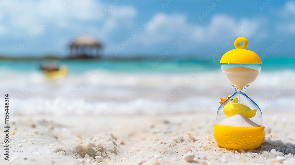 Hourglass on a stretch of beach with white sand and a yellow duck doll Hourglass on a stretch of beach with white sand and a yellow duck doll