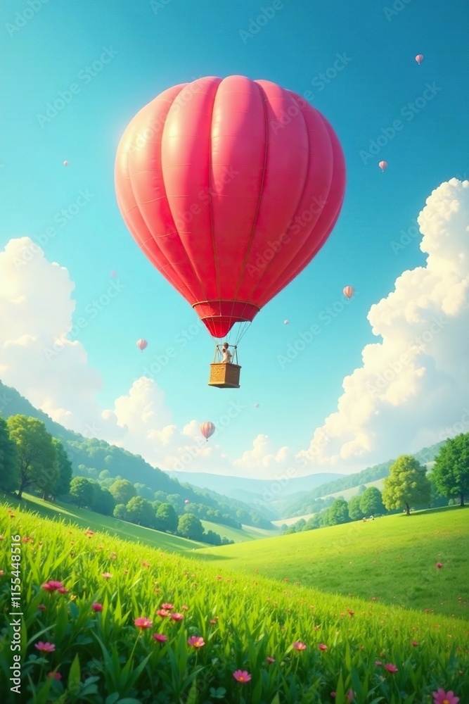 Naklejka premium Balloons gently rising above a lush green landscape, balloons ascending, soft breeze