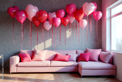 Interior of room decorated for Valentine's day with air balloons and comfortable sofas near grey brick wall photo