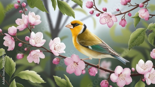 A Eurasian greenfinch perched on a blossoming branch in a serene landscape with artistic flair