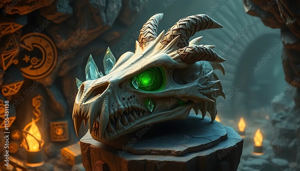 Fototapeta premium Intricate Dragon Skull Decorated with Crystals in a Mystical Cave Setting