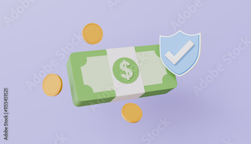 Money security and protection shield with Coins, banknotes online payment protection, financial saving insurance photo