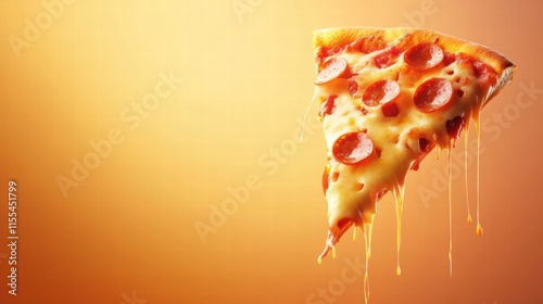 Delicious pizza slice with stylized toppings and cheese drips on a minimalist orange background. Generative AI photo