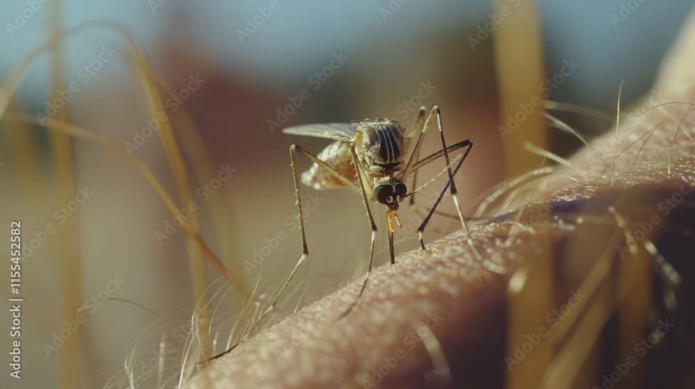 Naklejka premium Mosquito Feeding On Human Skin Outdoors