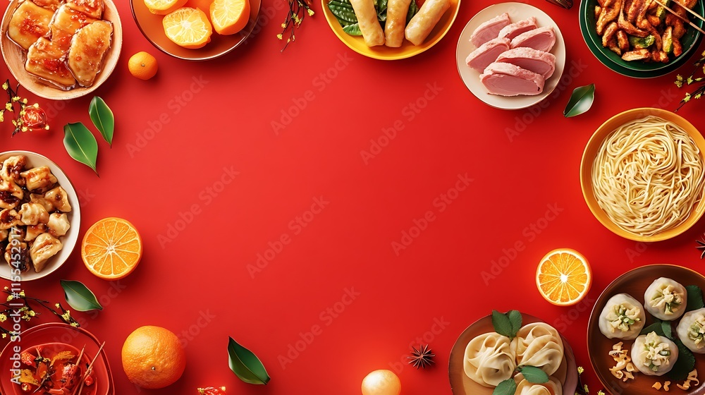 Fototapeta premium Delicious asian feast display kitchen table food photography bright red background overhead view culinary art
