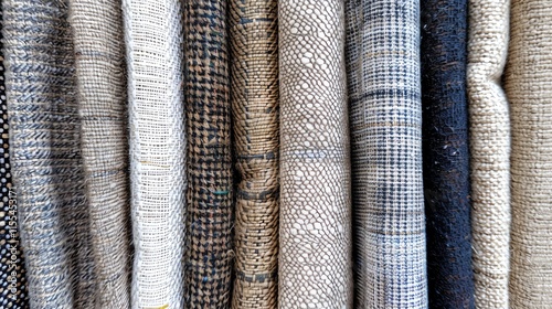 A close-up of a variety of woven fabrics. photo