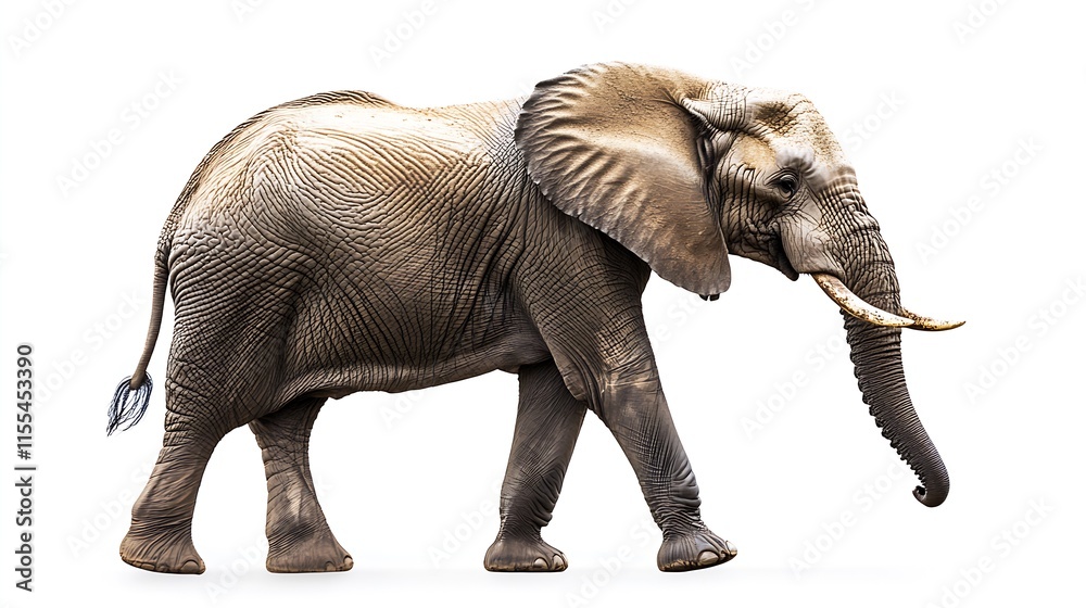 Fototapeta premium Detailed Elephant Walking Gracefully in White Minimalist Background : Generative AI