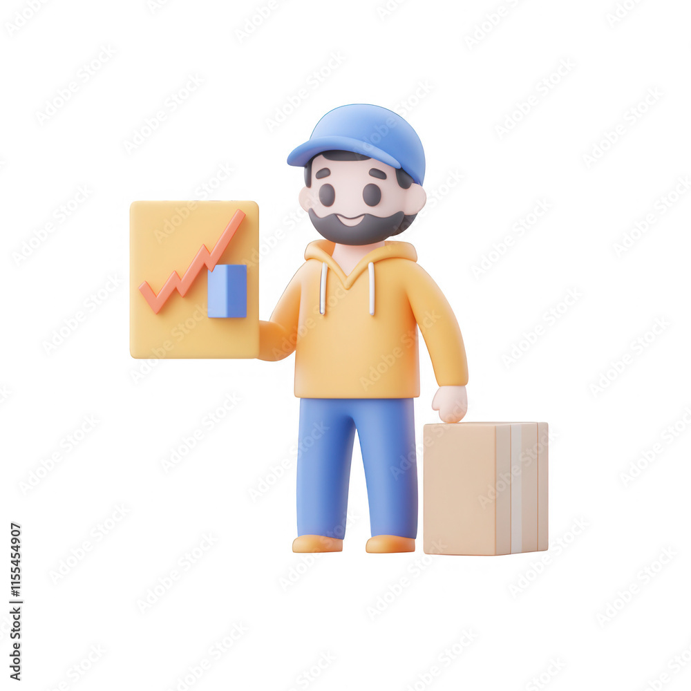 A cartoon character showcasing business growth with a chart and a box., isolated on a transparent background. A cartoon character showcasing business growth with a chart and a box., isolated on a transparent background.