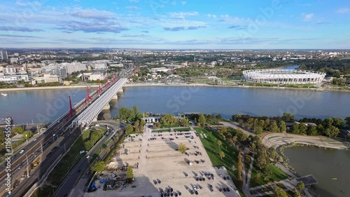 Daily traffic on the Rakoczi Bridge towards South Pest where the National Theatre, Müpa and Athletics Stadium is located at the banks of the Danube in Budapest, Hungary. photo