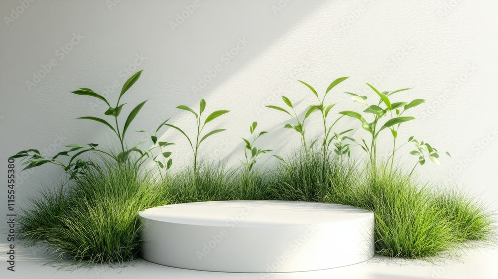 Abstract geometric white empty podium surrounded by blades of grass on a spotless white stage, for natural product Abstract geometric white empty podium surrounded by blades of grass on a spotless white stage, for natural product