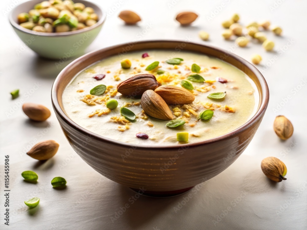 Creamy Pakistani Kheer Dessert Recipe: Silhouetted Nuts & Pistachios Creamy Pakistani Kheer Dessert Recipe: Silhouetted Nuts & Pistachios