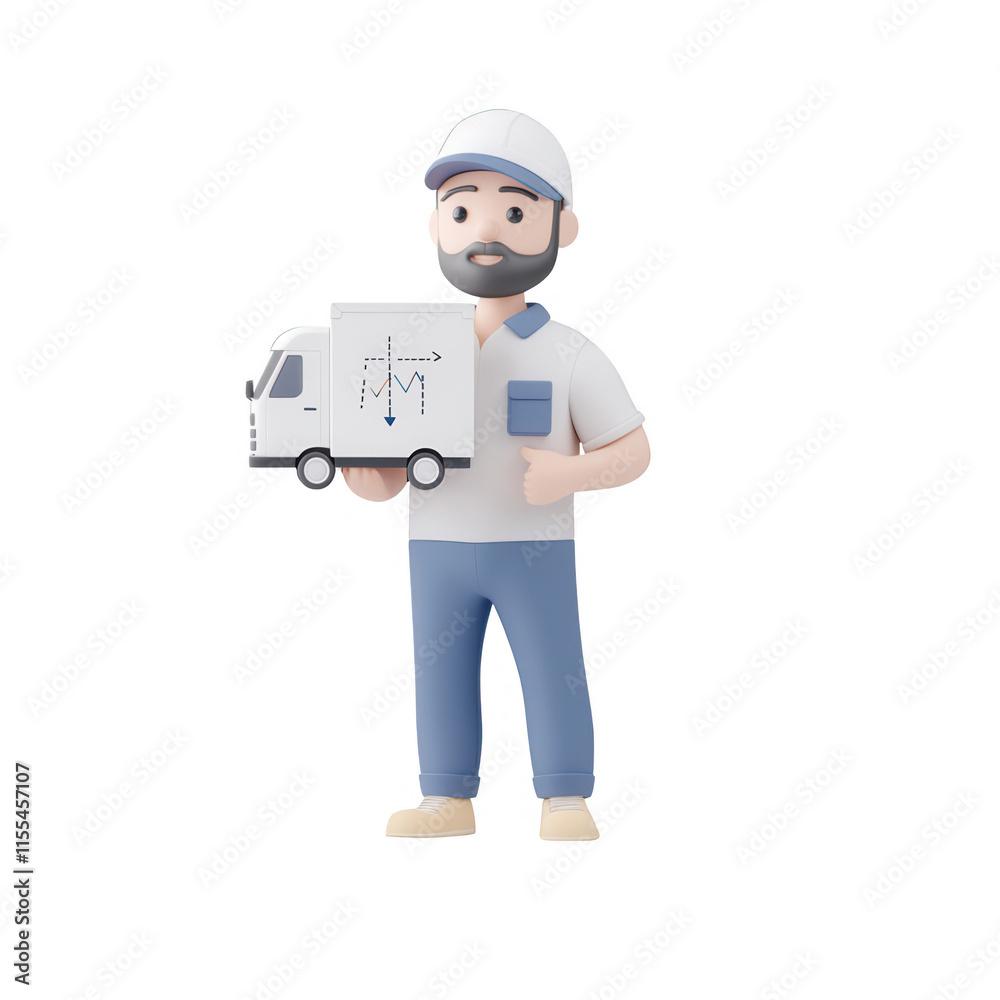 A delivery person holding a miniature truck model in a friendly pose., isolated on a transparent background. A delivery person holding a miniature truck model in a friendly pose., isolated on a transparent background.