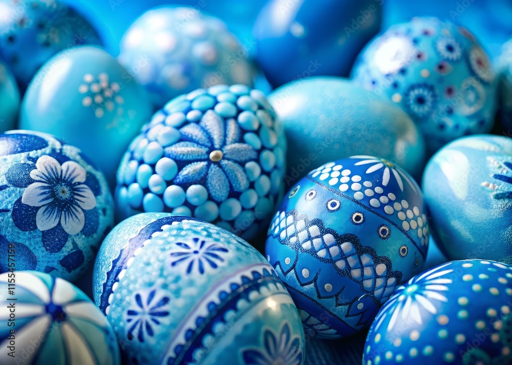 Fototapeta premium Easter Eggs Close-Up: Pastel Blue Egg Background, Cute Patterns, Action Shot