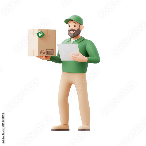 A delivery worker holding a package and checking a delivery note with a smile., isolated on a transparent background.