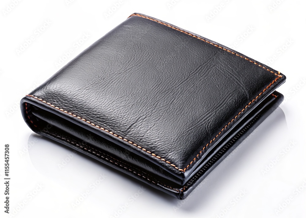 Elegant Black Leather Wallet - Close-Up Product Photography on White Background Elegant Black Leather Wallet - Close-Up Product Photography on White Background