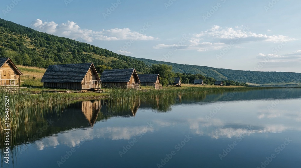Fototapeta premium Wooden Cabins by the Serene Lake