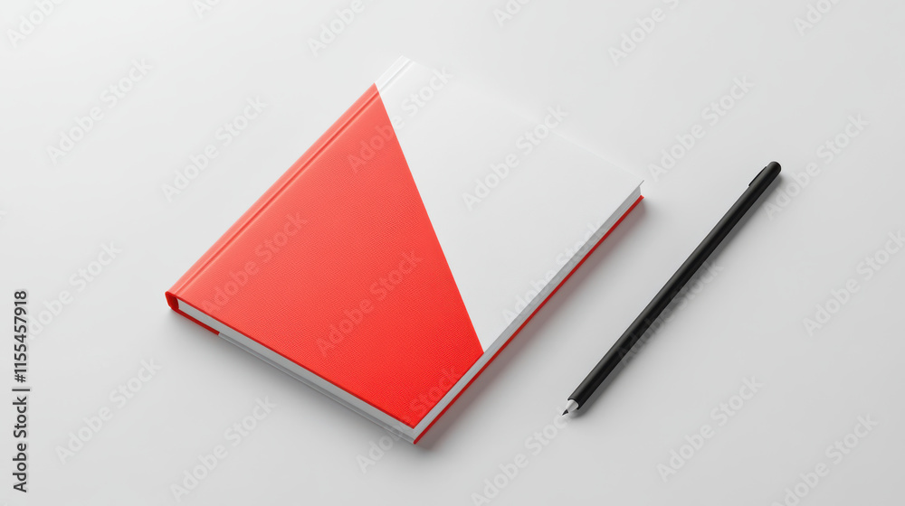A flat lay of a contemporary, minimalist notebook with a striking red cover and bold white geometric design, highlighted by ultra-crisp textures and clean lines. Completely isolated on a pristine whit A flat lay of a contemporary, minimalist notebook with a striking red cover and bold white geometric design, highlighted by ultra-crisp textures and clean lines. Completely isolated on a pristine whit
