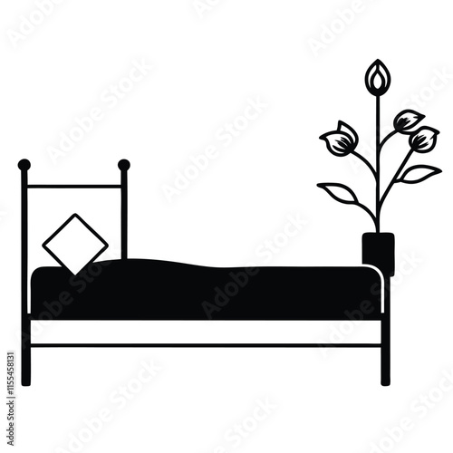 A minimalist vector silhouette of a wooden bed with a simple rectangular headboard and footboard,