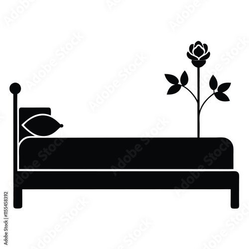 A minimalist vector silhouette of a wooden bed with a simple rectangular headboard and footboard,