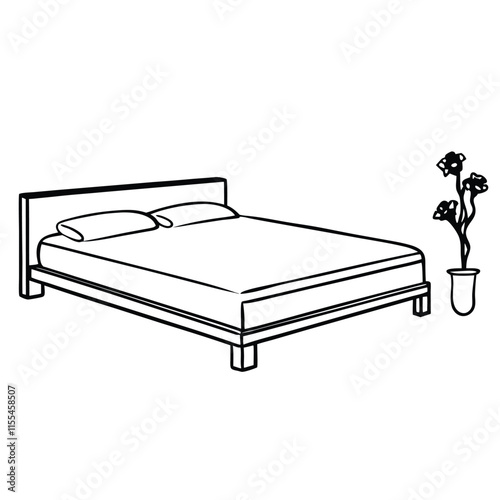 A minimalist vector silhouette of a wooden bed with a simple rectangular headboard and footboard,