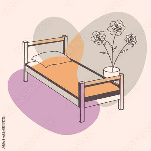 A minimalist vector silhouette of a wooden bed with a simple rectangular headboard and footboard,