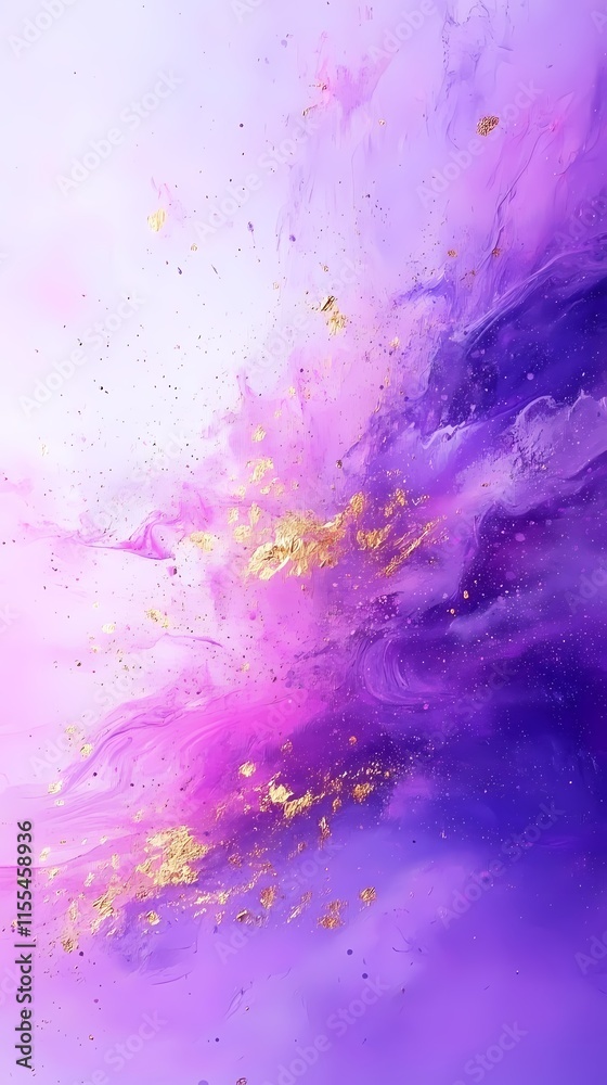 Fototapeta premium Purple powder gold splash ink texture poster background