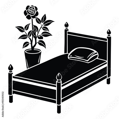 A minimalist vector silhouette of a wooden bed with a simple rectangular headboard and footboard,