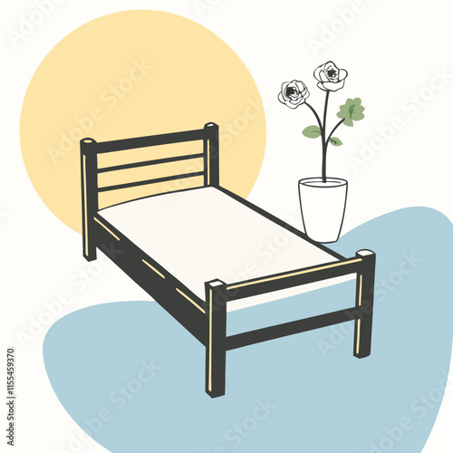 A minimalist vector silhouette of a wooden bed with a simple rectangular headboard and footboard,