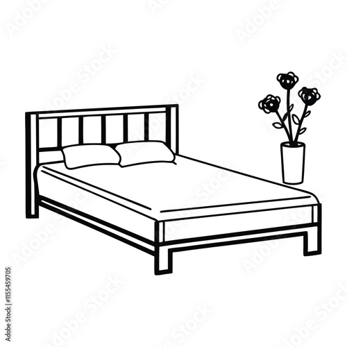 A minimalist vector silhouette of a wooden bed with a simple rectangular headboard and footboard,