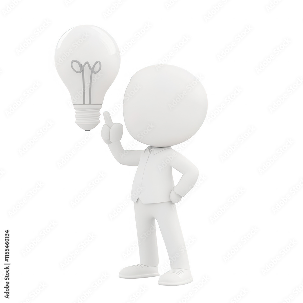 A thoughtful character holding a light bulb symbolizes innovative ideas and creativity., isolated on a transparent background. A thoughtful character holding a light bulb symbolizes innovative ideas and creativity., isolated on a transparent background.