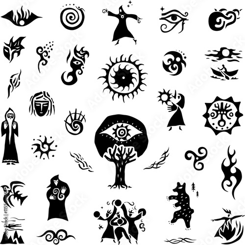  Magician fairy tale character magic sign and symbol vector icon set, isolated graphic design elements