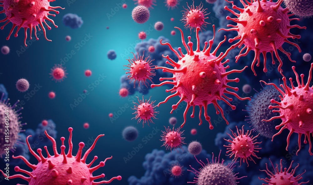 Obraz premium Vivid, high-detail illustration of viruses in a blue background, perfect for health, science, and educational projects.