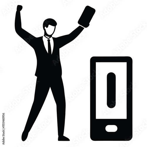 a vector silhouette of A smart man leans casually on a digital progress bar interface, holding a mobile phone,