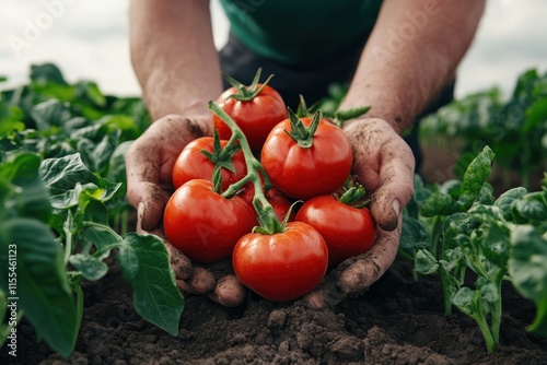 A farmer's hands hold vibrant red tomatoes, demonstrating the direct connection of soil quality with economic impact in agriculture This image underscores the value chain by showcasing the tangible photo