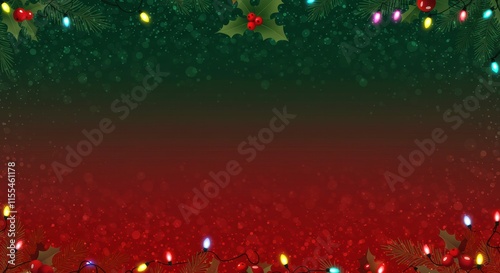 Holiday Cheer:  A festive and inviting Christmas background with a red and green gradient, twinkling lights, and holly leaves to create a magical winter wonderland atmosphere.