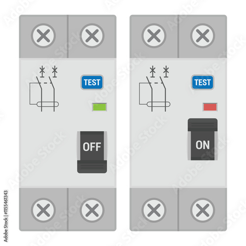Residual current circuit breaker set. Devices in the ON and OFF positions