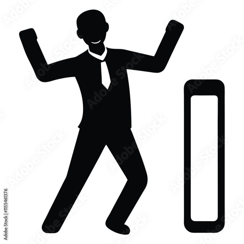 a vector silhouette of A smart man leans casually on a digital progress bar interface, holding a mobile phone,