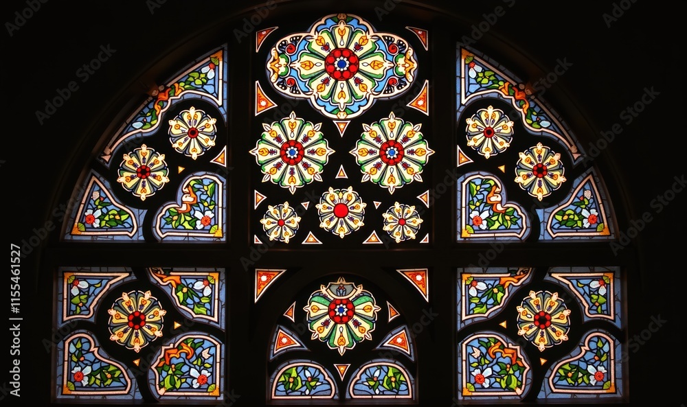Fototapeta premium A stunning stained glass window featuring intricate floral designs, perfect for architectural, religious, or art-related projects.
