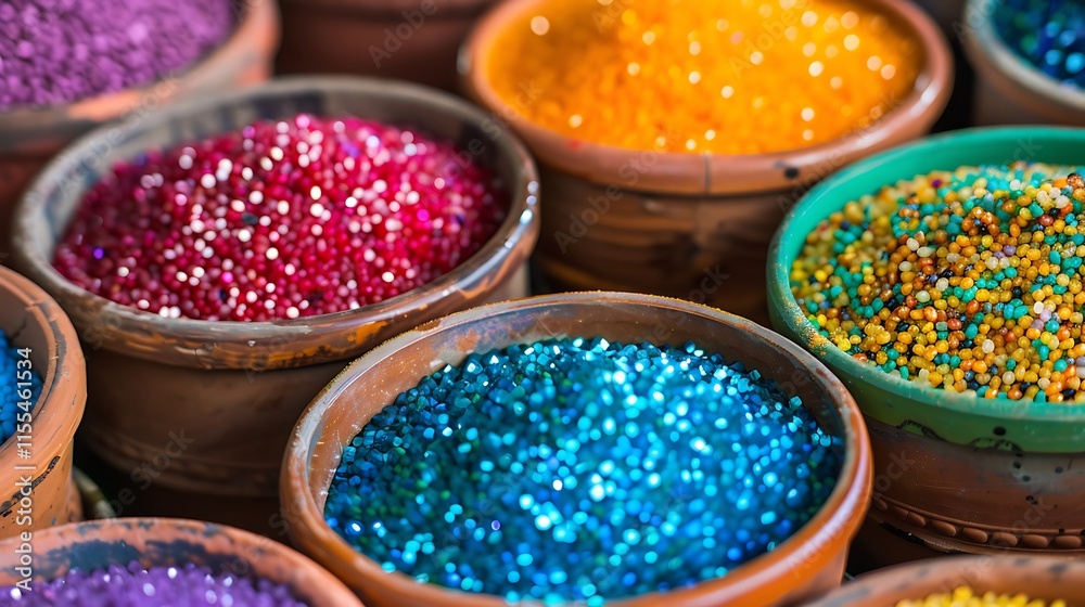 Fototapeta premium Pots filled with vibrant happy colored granules