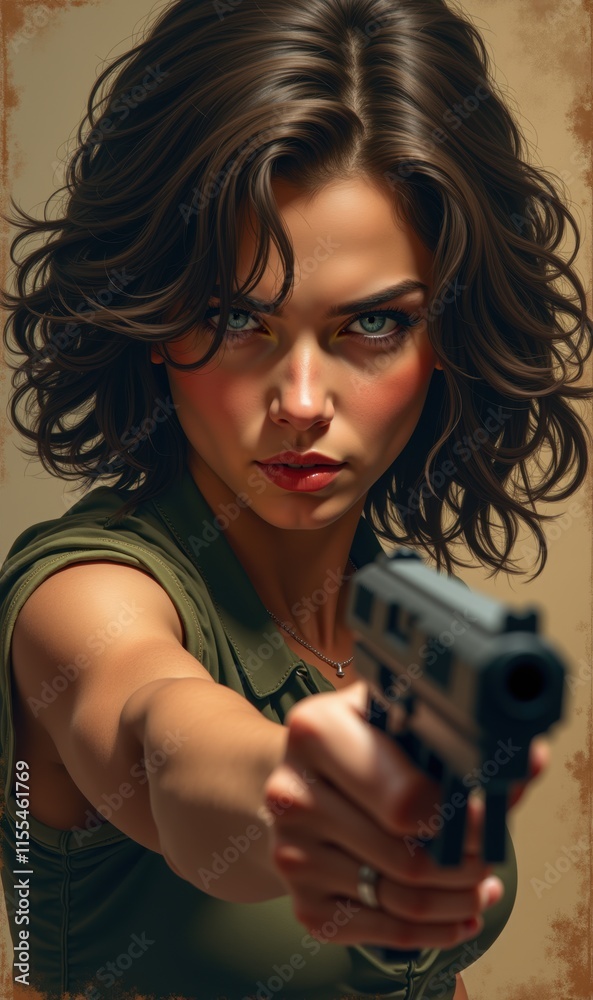 A fierce woman confronts the viewer with a handgun, portraying empowerment and strength, perfect for themes in action, crime, and drama. A fierce woman confronts the viewer with a handgun, portraying empowerment and strength, perfect for themes in action, crime, and drama.