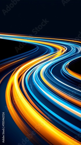 A blue and orange light trail shaped like an S-curve on a black background, high-speed photography, mobile phone wallpaper.