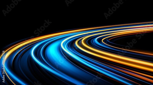 Abstract blue and orange light trails on a black background, creating a speed effect.