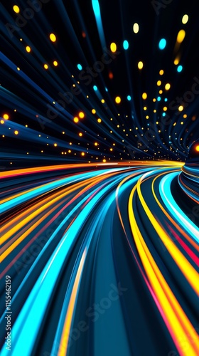 Abstract background with colorful light trails on dark blue, yellow, and orange colors, speed motion blur effect, curved lines, and futuristic design.