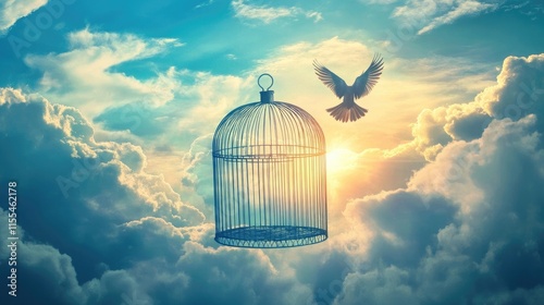 A caged bird being set free with a background of bright clouds photo